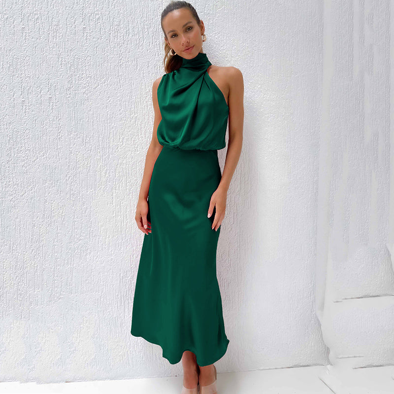 Women's Satin-Look Halter Neck Midi Dress in Dark Green