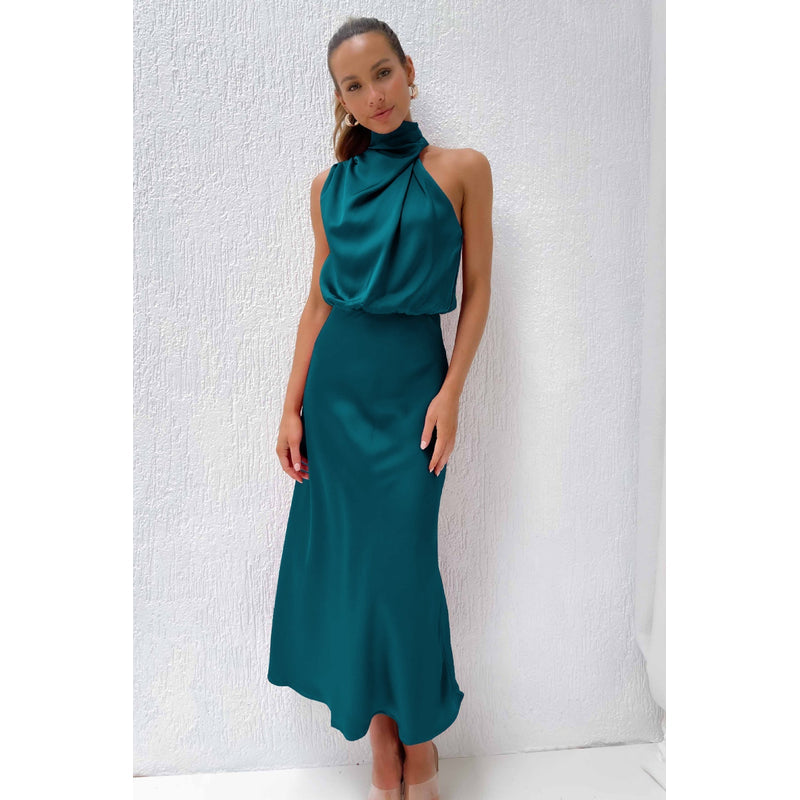 Women's Satin-Look Halter Neck Midi Dress in Turquoise