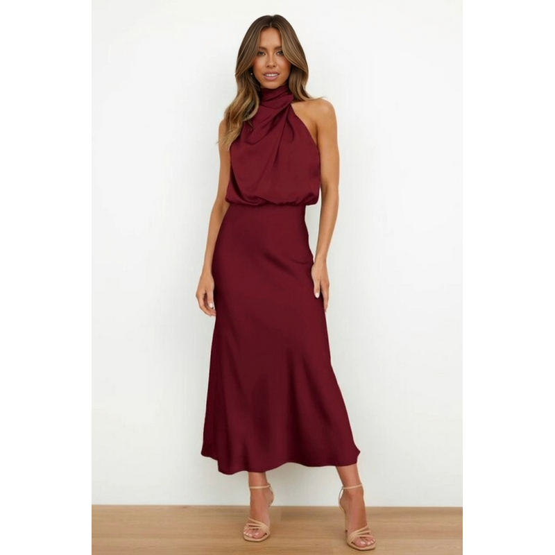 Women's Satin-Look Halter Neck Midi Dress in Burgundy