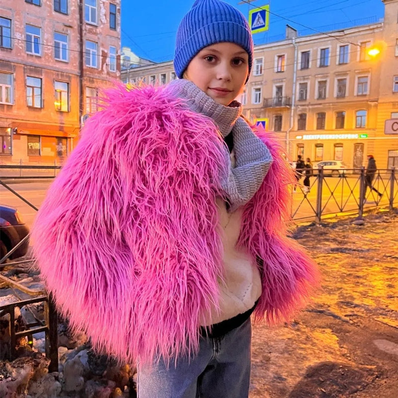 Women's shaggy faux fur jacket in hot pink – front view