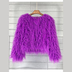 Women's shaggy faux fur jacket in purple – front view