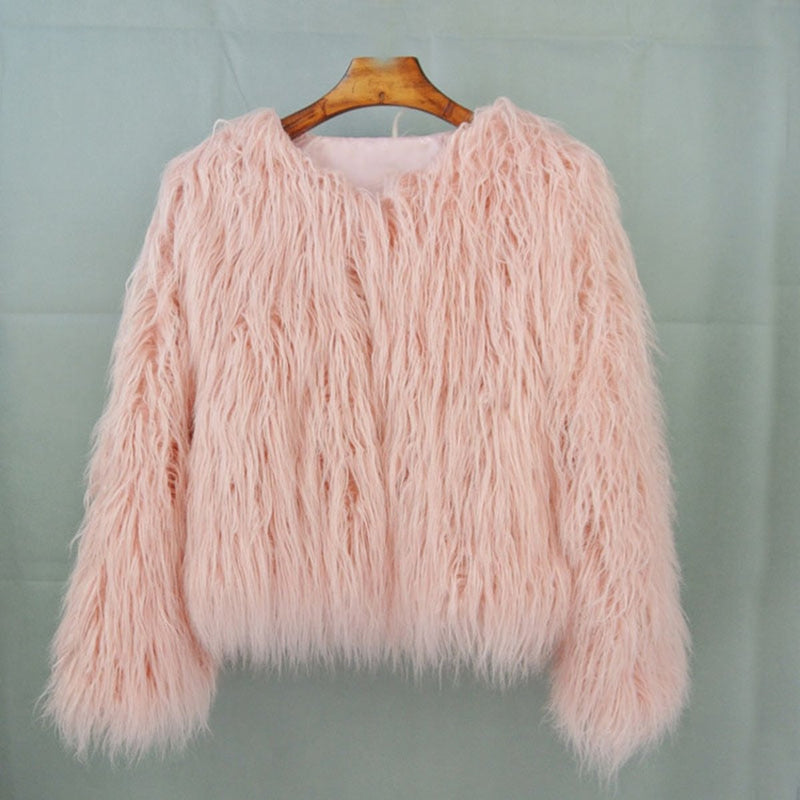 Women's shaggy faux fur jacket in pink – front view