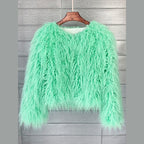 Women's shaggy faux fur jacket in light green – front view