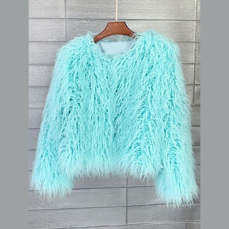 Women's shaggy faux fur jacket in light blue – front view