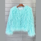 Women's shaggy faux fur jacket in light blue – front view
