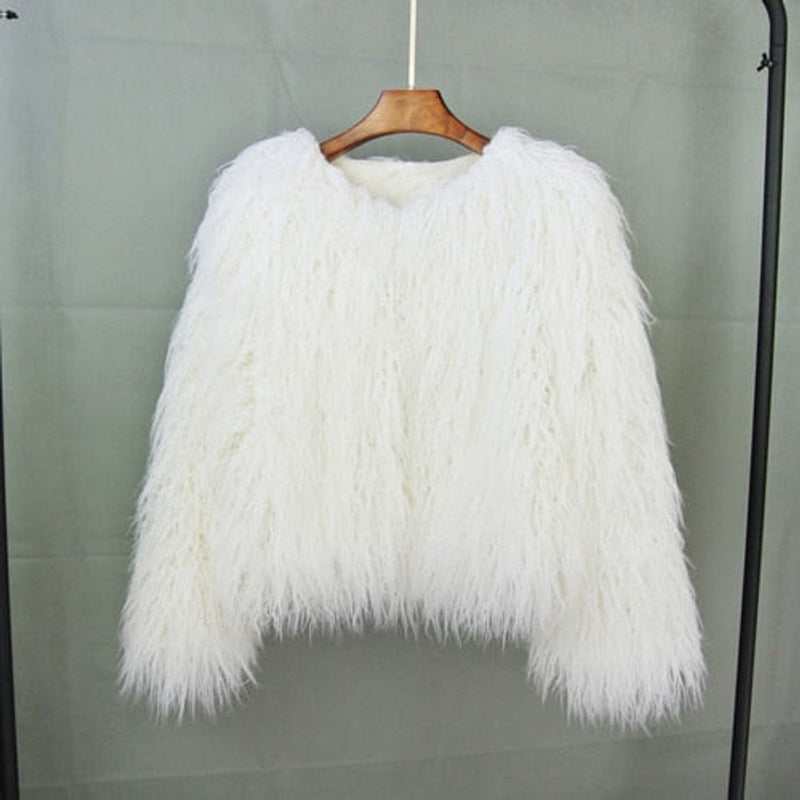 Women's shaggy faux fur jacket in white – front view