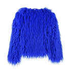 Women's shaggy faux fur jacket in blue – front view