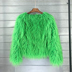Women's shaggy faux fur jacket in green – front view