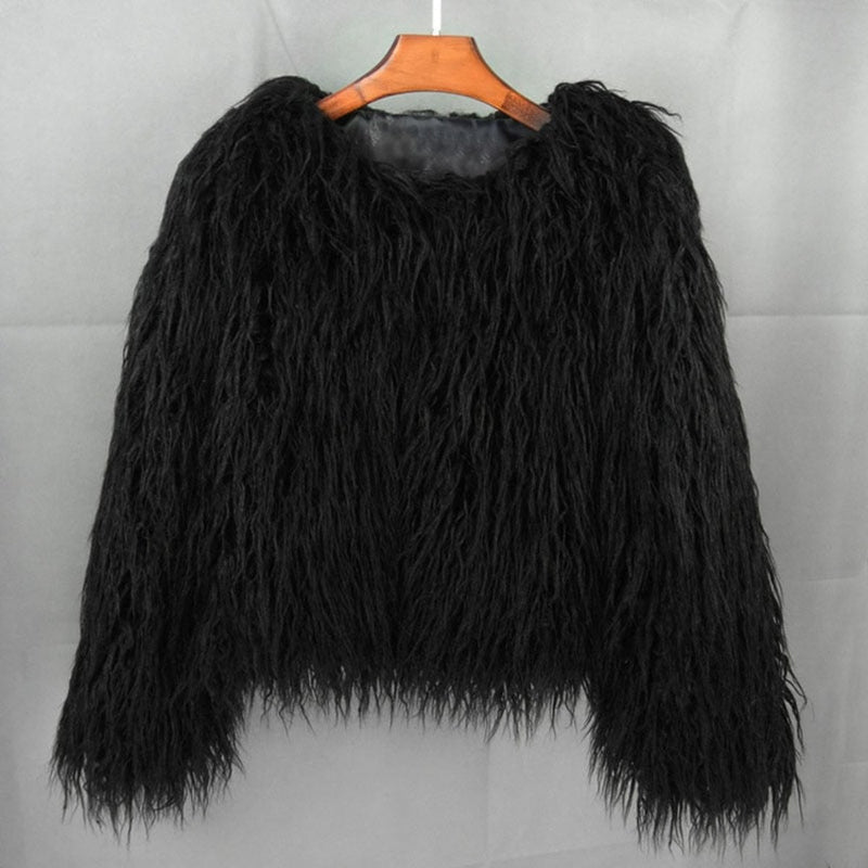 Women's shaggy faux fur jacket in black – front view