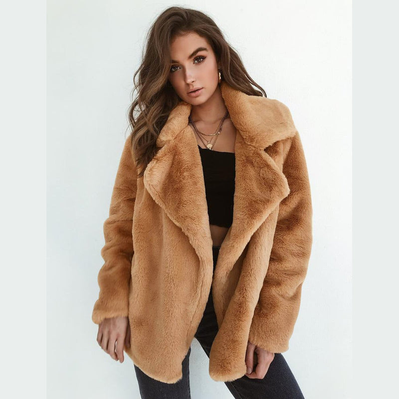 Women's short faux fur coat with lapel collar – styled view 2