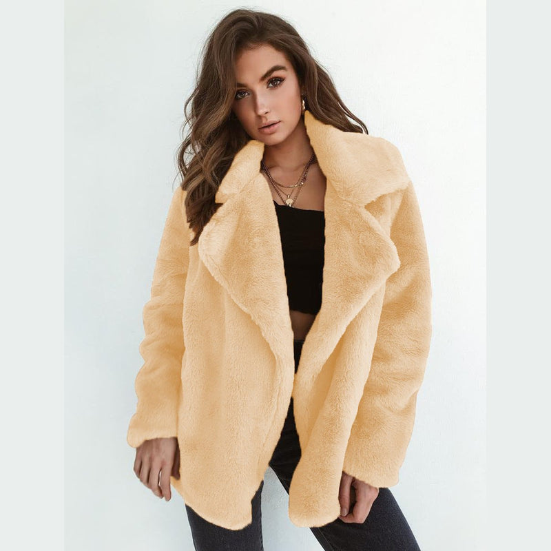 Women's short faux fur coat with lapel collar in apricot – front view