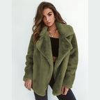 Women's short faux fur coat with lapel collar in olive green – front view
