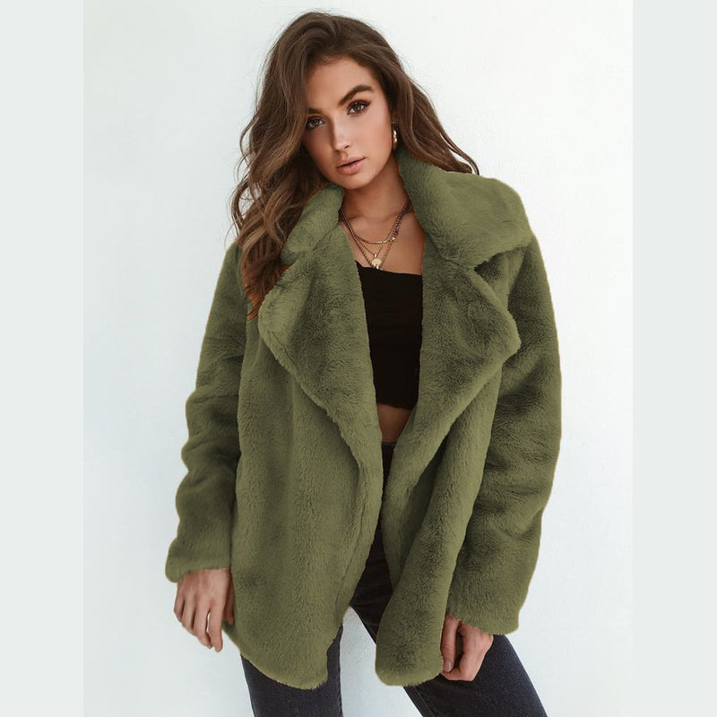 Women's short faux fur coat with lapel collar in olive green – front view