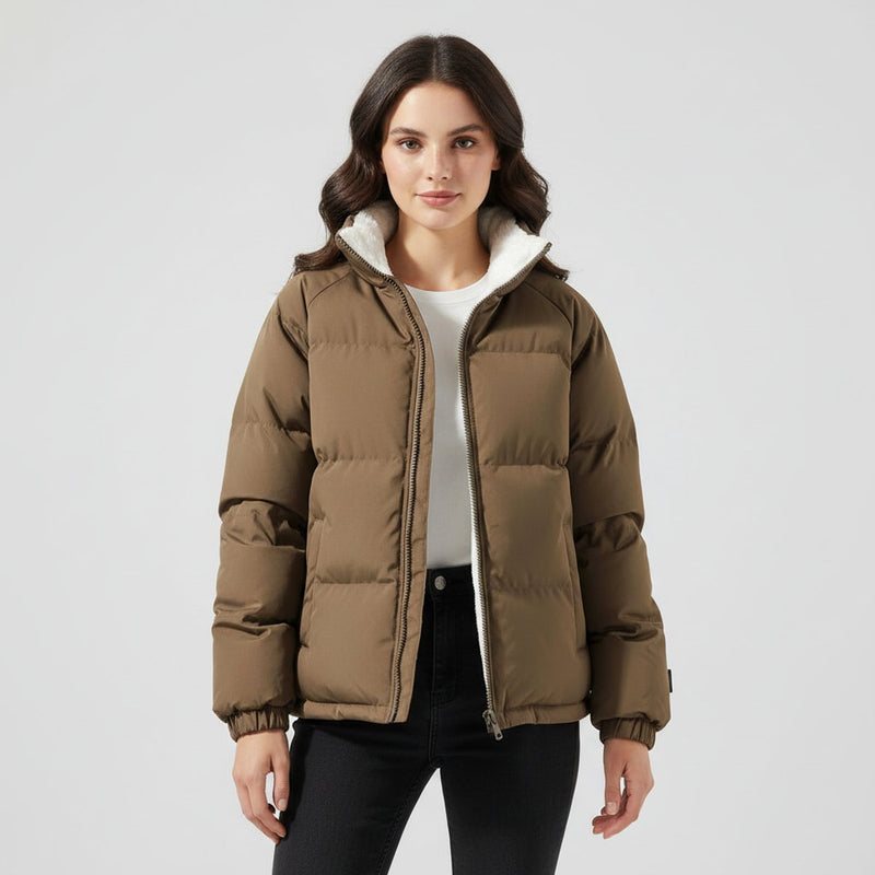 Women's short puffer jacket with fleece lining in brown – front view