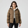 Women's short puffer jacket with fleece lining in brown – front view