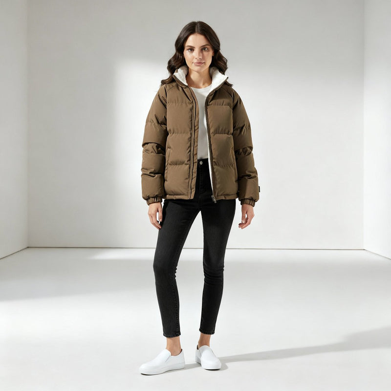 Women's short puffer jacket with fleece lining – styled view 3