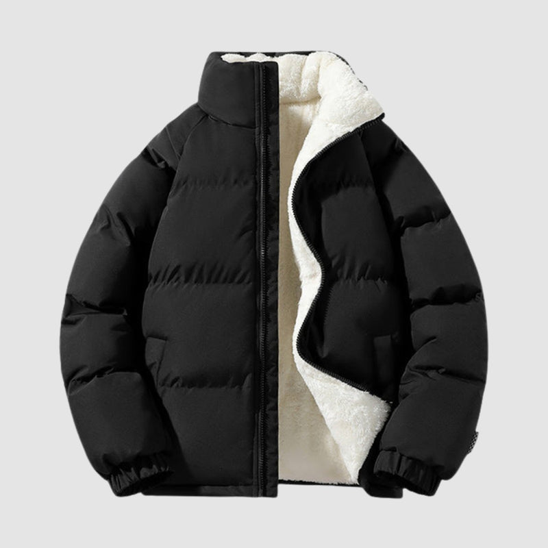 Women's short puffer jacket with fleece lining in black – front view