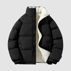 Women's short puffer jacket with fleece lining in black – front view