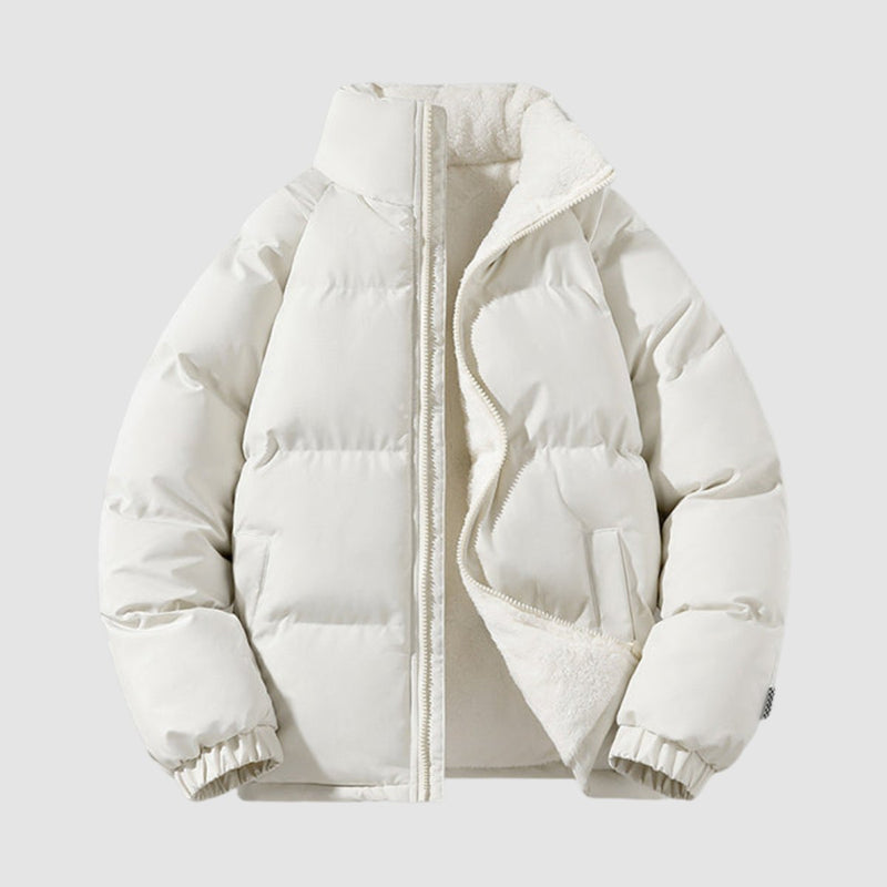 Women's short puffer jacket with fleece lining in off white – front view