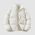 Women's short puffer jacket with fleece lining in off white – front view