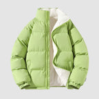 Women's short puffer jacket with fleece lining in lime green – front view