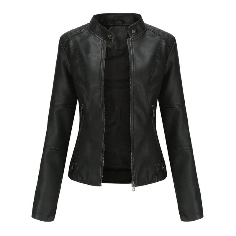 Women's Stand Collar Biker Jacket with Zip Front in Black