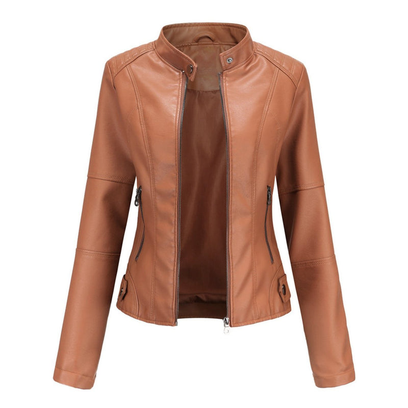 Women's Stand Collar Biker Jacket with Zip Front in Brown