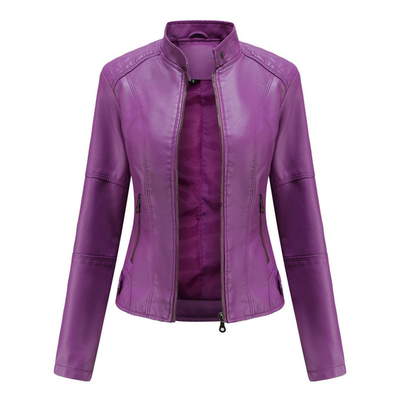 Women's Stand Collar Biker Jacket with Zip Front in Purple
