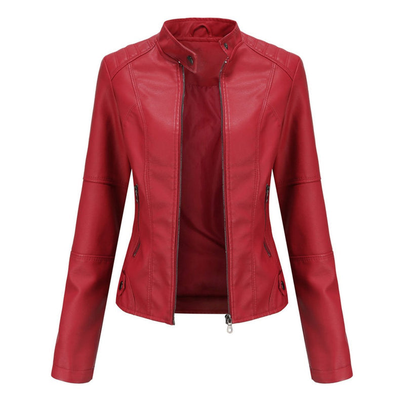 Women's Stand Collar Biker Jacket with Zip Front in Red