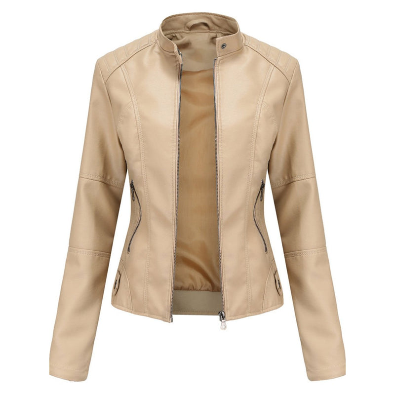 Women's Stand Collar Biker Jacket with Zip Front in Beige