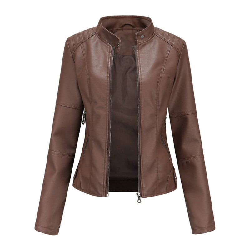 Women's Stand Collar Biker Jacket with Zip Front in Dark Brown