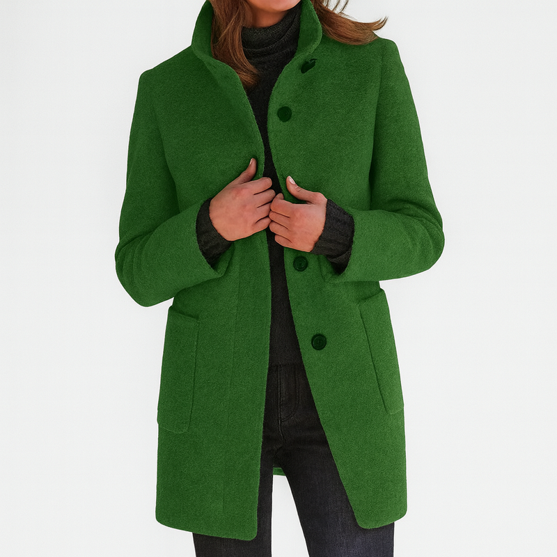 Women's Stand Collar Button Coat in Green