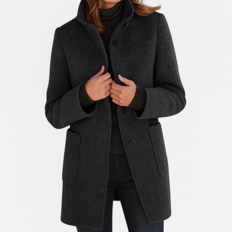 Women's Stand Collar Button Coat in Black