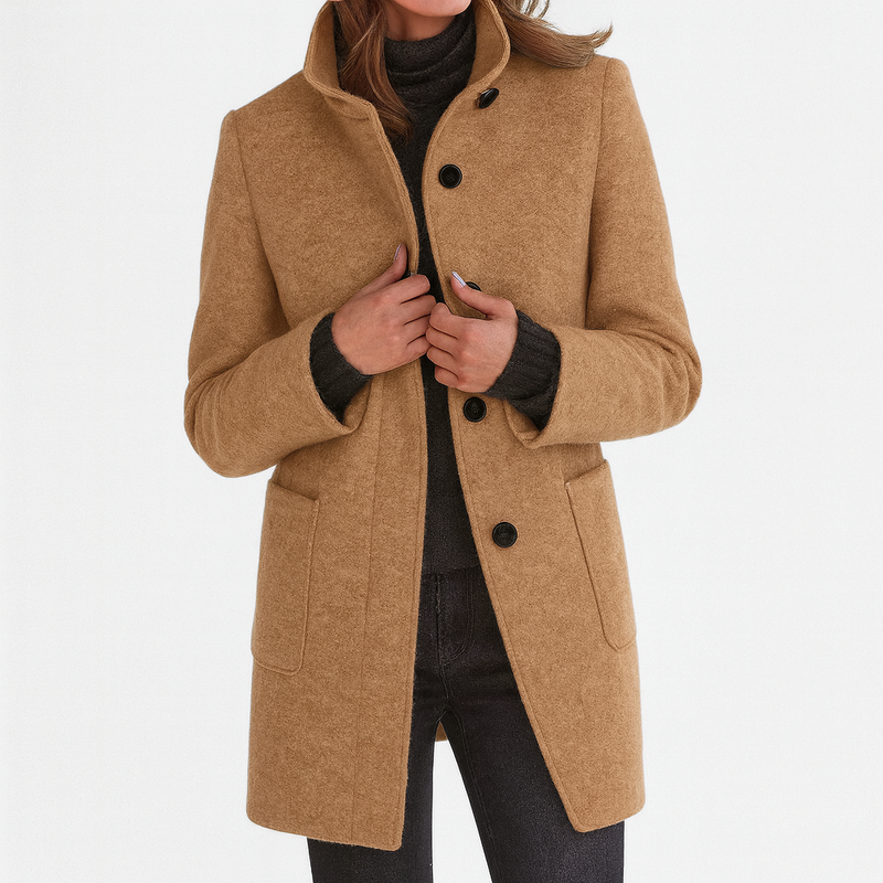 Women's Stand Collar Button Coat in Khaki
