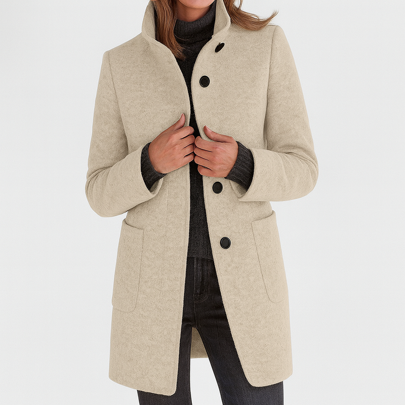 Women's Stand Collar Button Coat in Beige