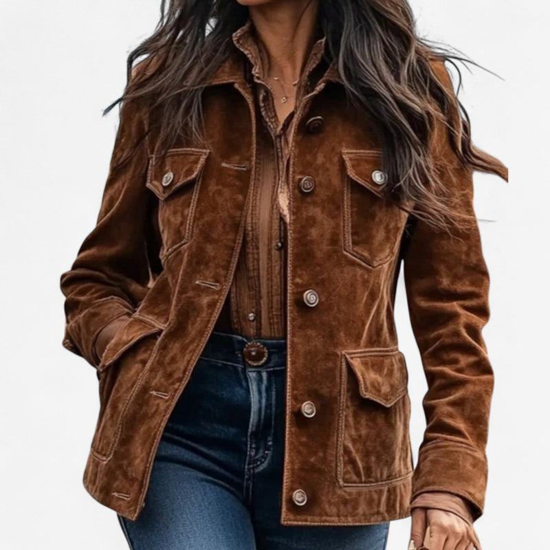 Women's Suede-Look Boho Jacket with Button Front in Brown