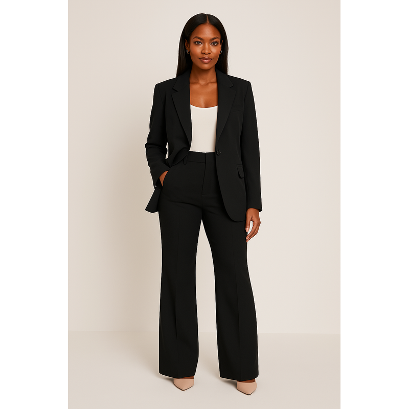 Woman wearing a black tailored blazer and trousers suit set