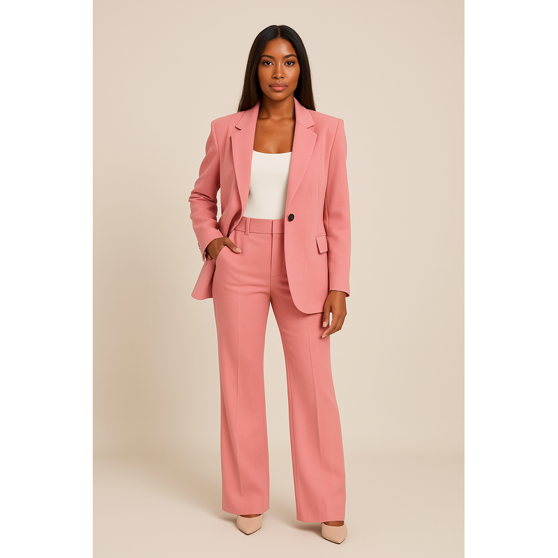 Woman in a pink tailored blazer and trousers suit