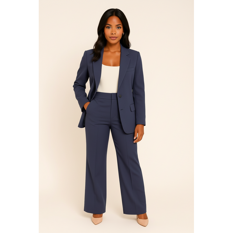 Woman wearing a navy blue tailored suit set