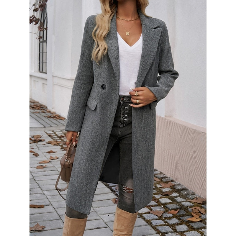 Women's Tailored Longline Coat with Lapel Collar in Dark Gray