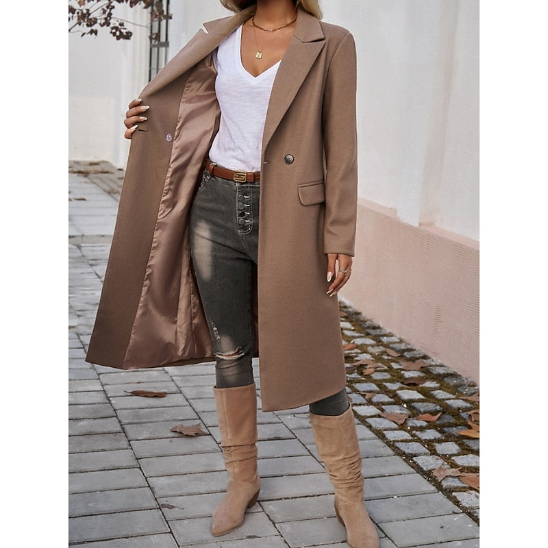 Women's Tailored Longline Coat with Lapel Collar in Brown