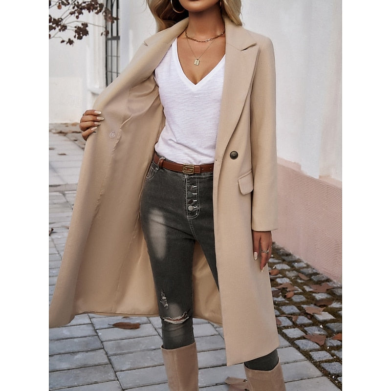 Women's Tailored Longline Coat with Lapel Collar in Apricot