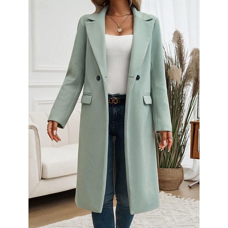 Women's Tailored Longline Coat with Lapel Collar in Green