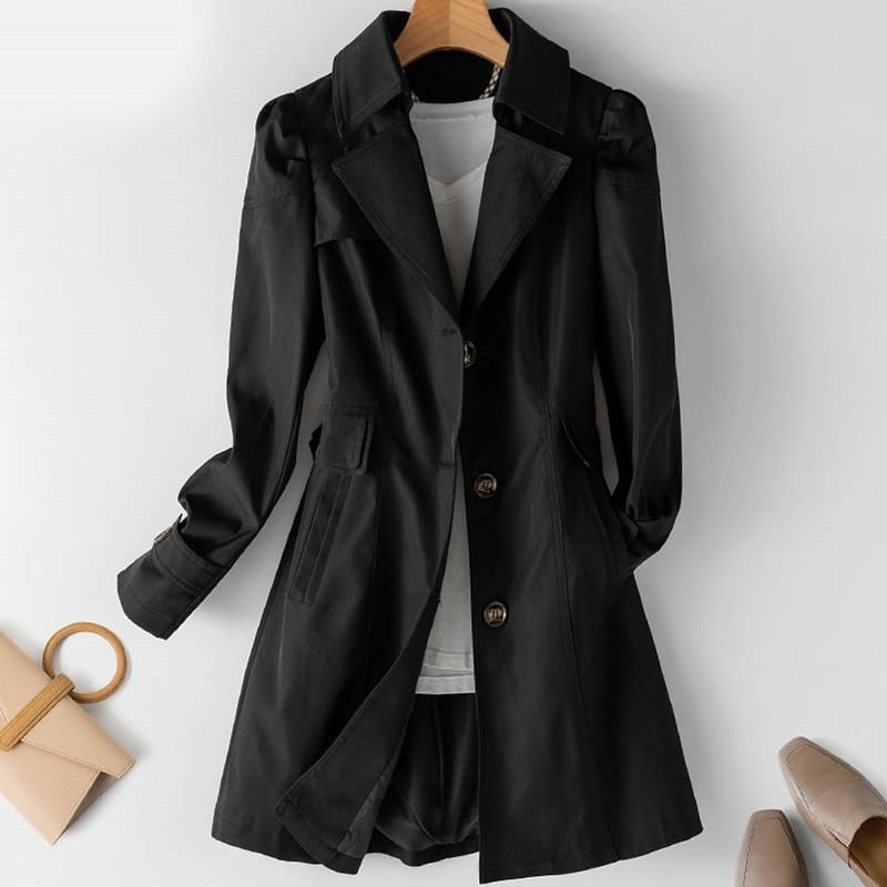Women's tailored trench coat with lapel collar in black – front view