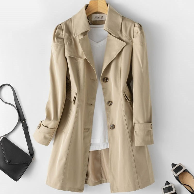 Women's tailored trench coat with lapel collar in khaki – front view