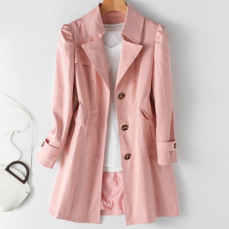 Women's tailored trench coat with lapel collar in pink – front view