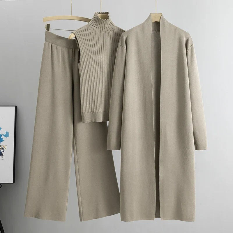 Women's Three-Piece Knit Set with Long Cardigan for Cozy Days