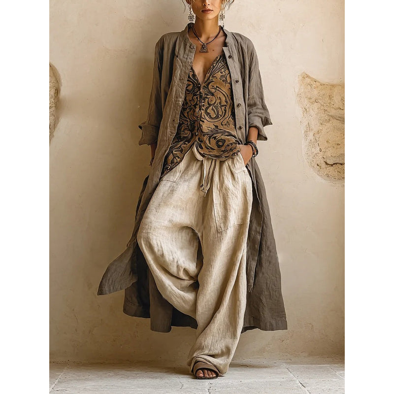 Women's Three-Piece Set with Long Shirt Coat in Beige