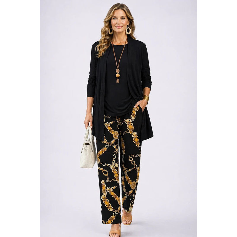Women's Three-Piece Set with Printed Cardigan in Black
