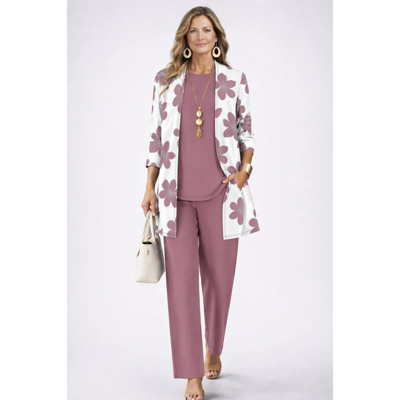 Women's Three-Piece Set with Printed Cardigan in Light Pink